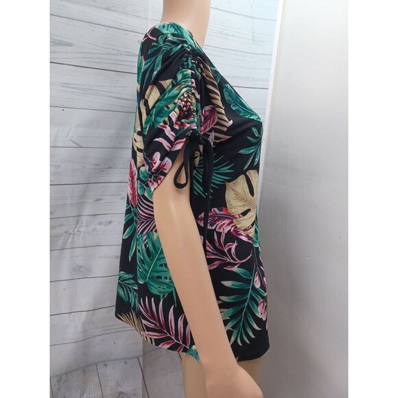 Lavish Womens Black Ruched Short Sleeve Top Floral Tropical Sz L - Picture 5 of 9